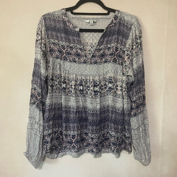 Lucky Brand EUC mixed print peasant boho cottage baby doll blouse size M - Picture 2 of 4